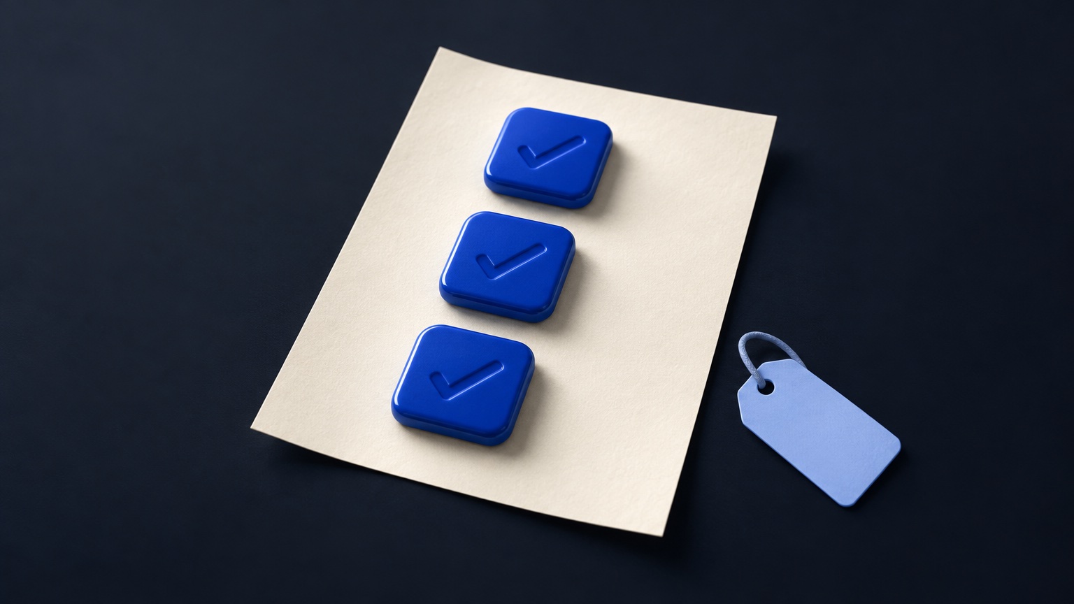 Three cobalt tiles with tick marks on a sheet of paper, beside a pale blue price tag.